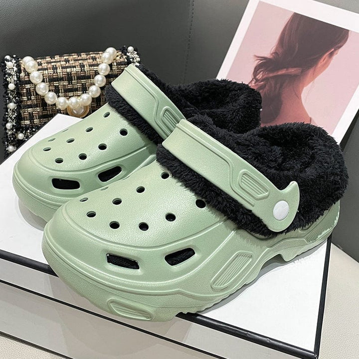 Fleece-lined Platform Slippers Green +  Black Cotton Cover / US 4.5-5 / UK 2.5-3 / EU 35-36