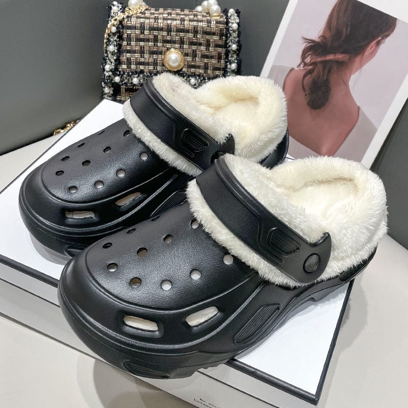 Fleece-lined Platform Slippers Black + White Cotton Cover / US 4.5-5 / UK 2.5-3 / EU 35-36