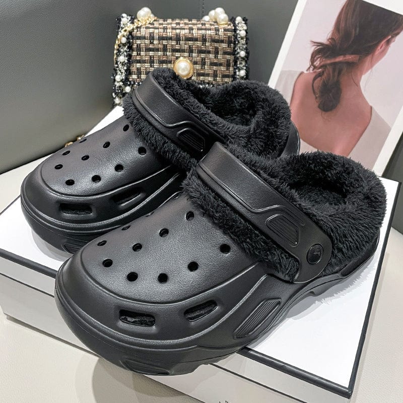 Fleece-lined Platform Slippers Black + Black Cotton Cover / US 4.5-5 / UK 2.5-3 / EU 35-36
