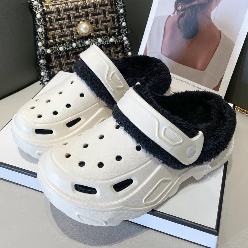 Fleece-lined Platform Slippers White + Black Cotton Cover / US 4.5-5 / UK 2.5-3 / EU 35-36
