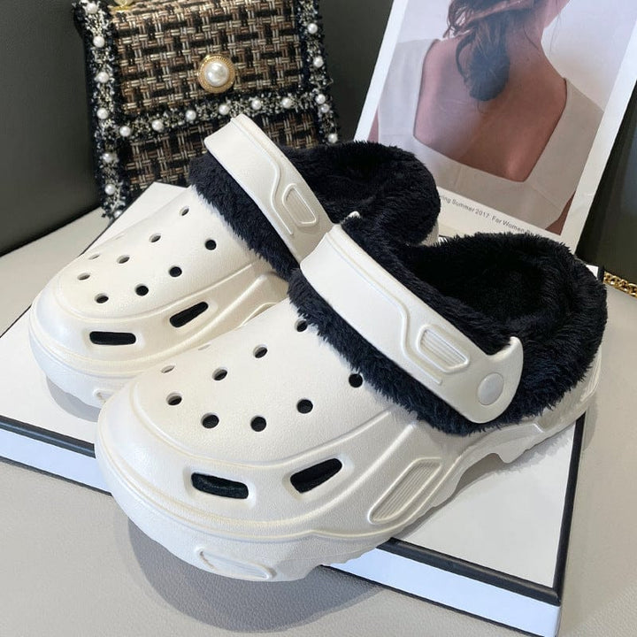 Fleece-lined Platform Slippers White + Black Cotton Cover / US 4.5-5 / UK 2.5-3 / EU 35-36