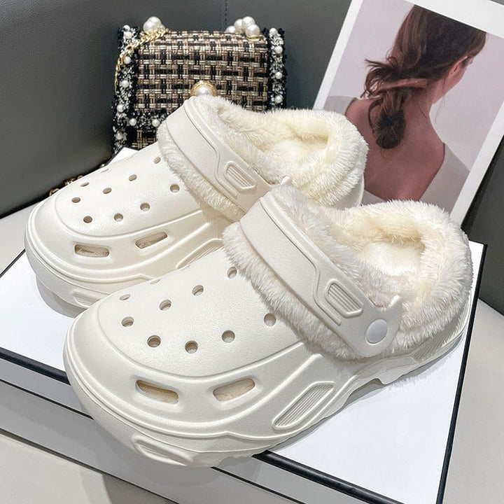 Fleece-lined Platform Slippers White + White Cotton Cover / US 4.5-5 / UK 2.5-3 / EU 35-36
