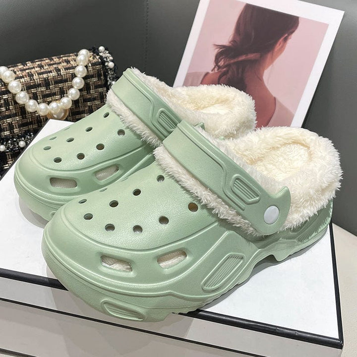 Fleece-lined Platform Slippers Green + White Cotton Cover / US 4.5-5 / UK 2.5-3 / EU 35-36